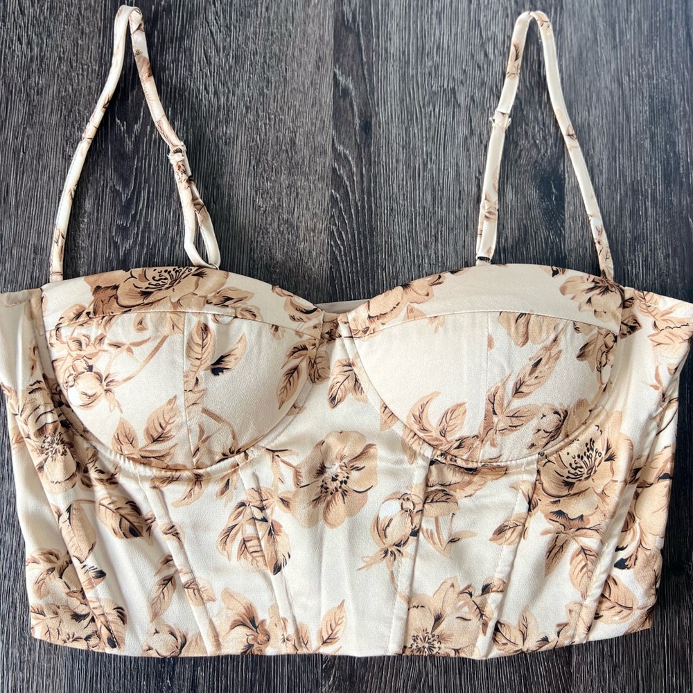 Tan Floral Corset Bustier with boning and adjustable straps (size large)